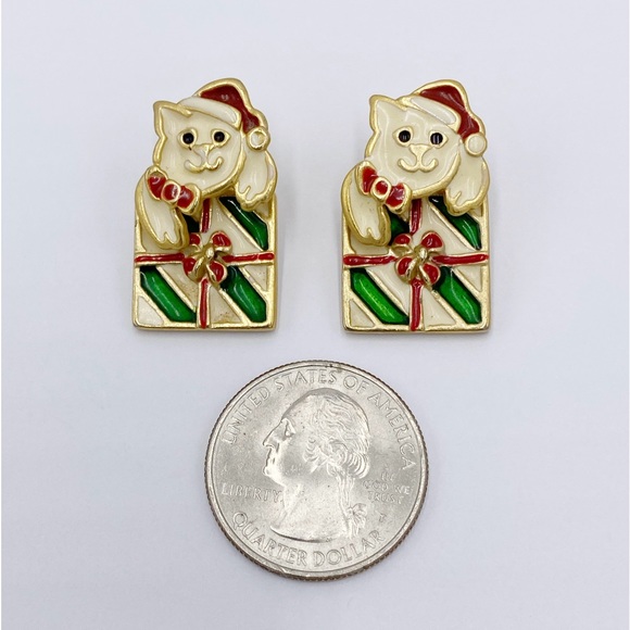Vintage Cat Christmas Earrings kitten Present Enamel Earrings - Picture 4 of 9